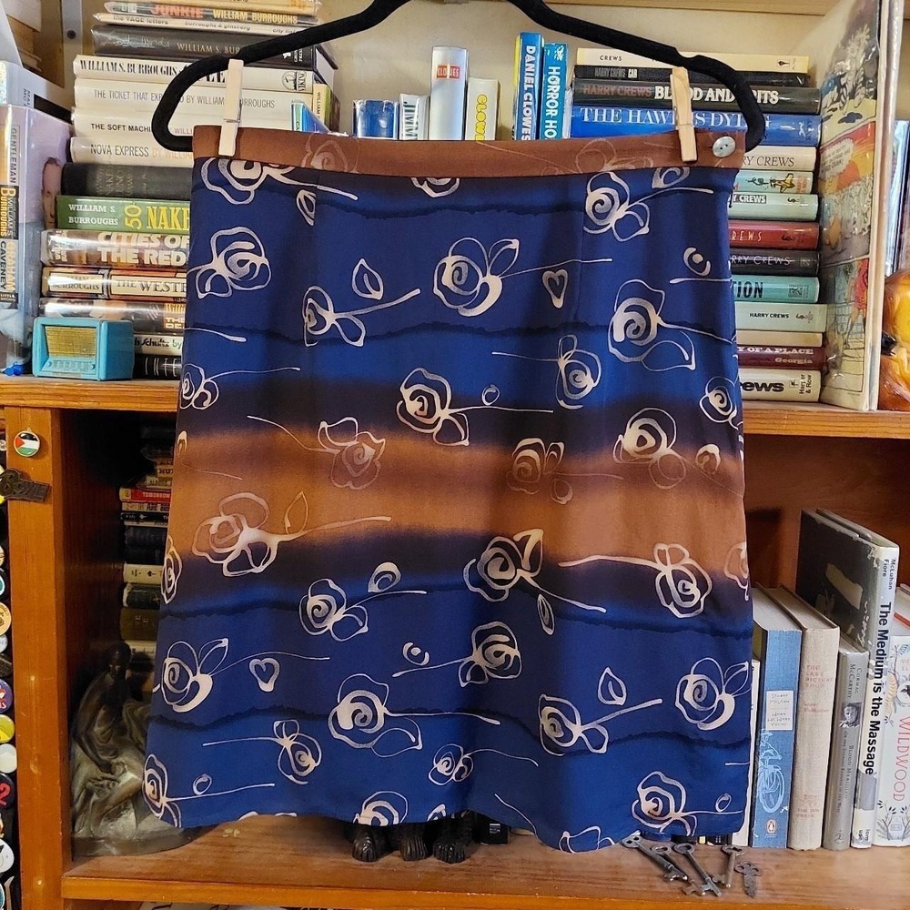 Vintage Harolds 100% Silk Skirt Size 12 Blue Brown Rose Heart Watercolor Print
